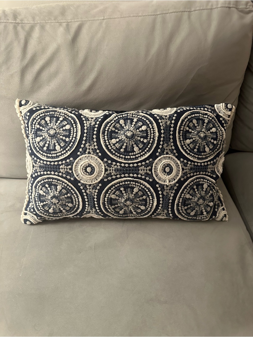 Pier 1 Navy and Cream Embroidered Lumbar Pillow